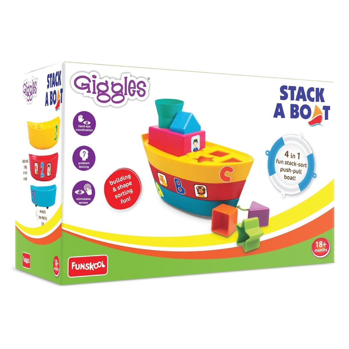 Funskool Giggles Stack A Boat Pull Along  Nesting And Stackable Toy For Kids | Learning And Development Fun Activity For Babies | 18+ Months
