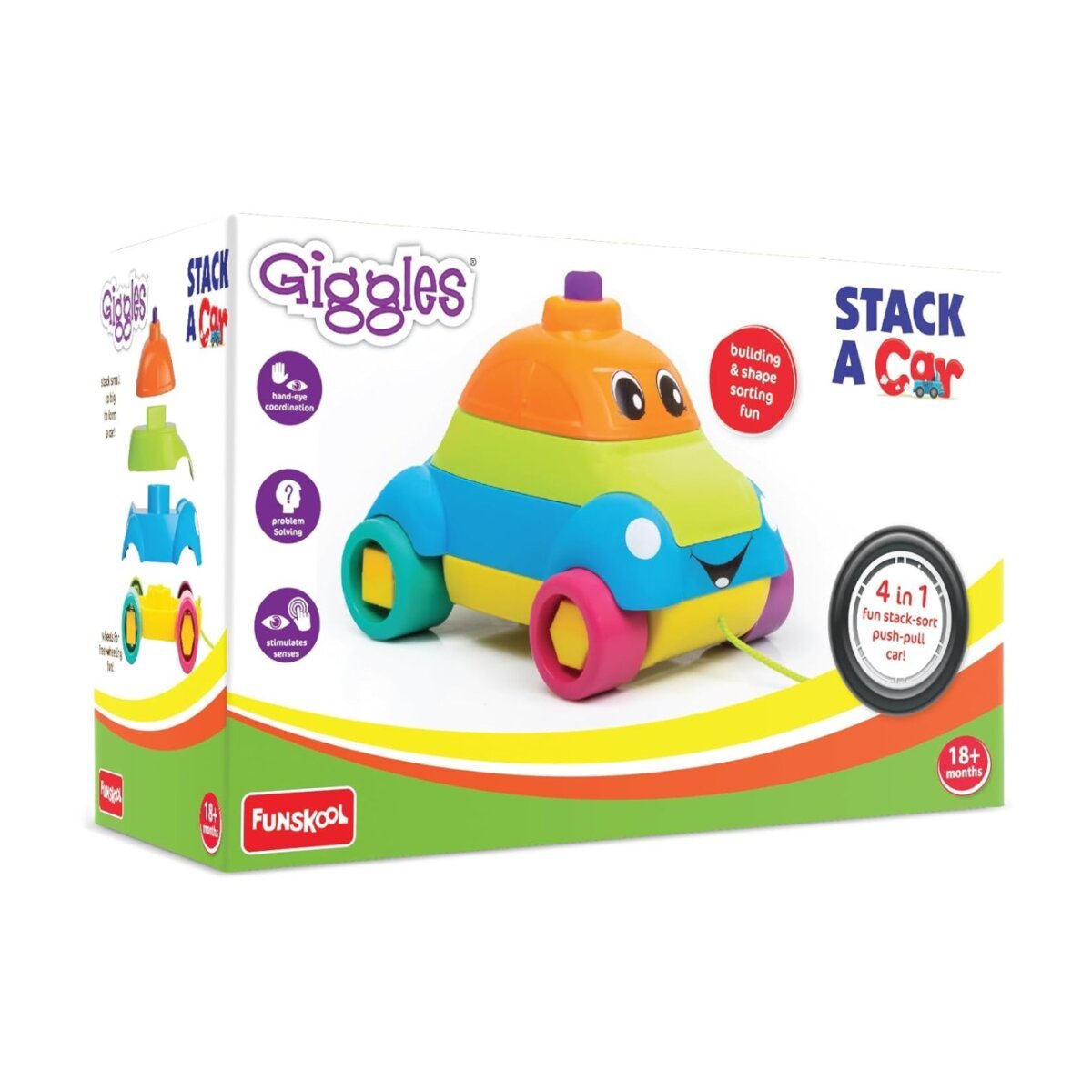 Funskool Giggles Stack A Car Pull Along Toys for Toddler | Walking Shape Sorting Pretend Play | 18+ Months.