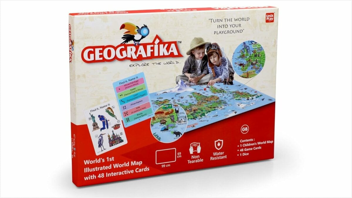 Unik Play Geografika Map Game with Illustrated Map And  40 Game Cards | Learning with Fun for Kids | 6+ years