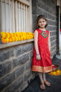 Little Indian Paithani Red Frock For Girls