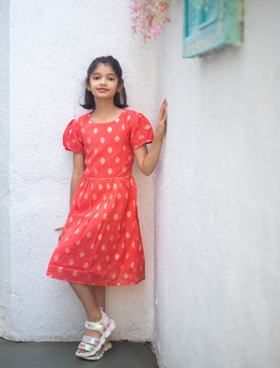 Gfr107 Chanderi Peach1 Little Indian Chanderi Frock Gfr107 For Girls | 1 To 9 Years Little Indian Chanderi Frock Gfr107 For Girls | 1 To 9 Years Image 4