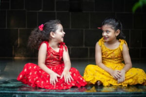 Little Indian Rayon Foil Frill Round Neck Sleeveless Design Print Frock Girls | GFR112