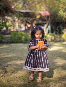 Little Indian Lucknowi Hand Chikankari Embroidery Round Neck Half sleeve Black Frock For Kids |  GFR116