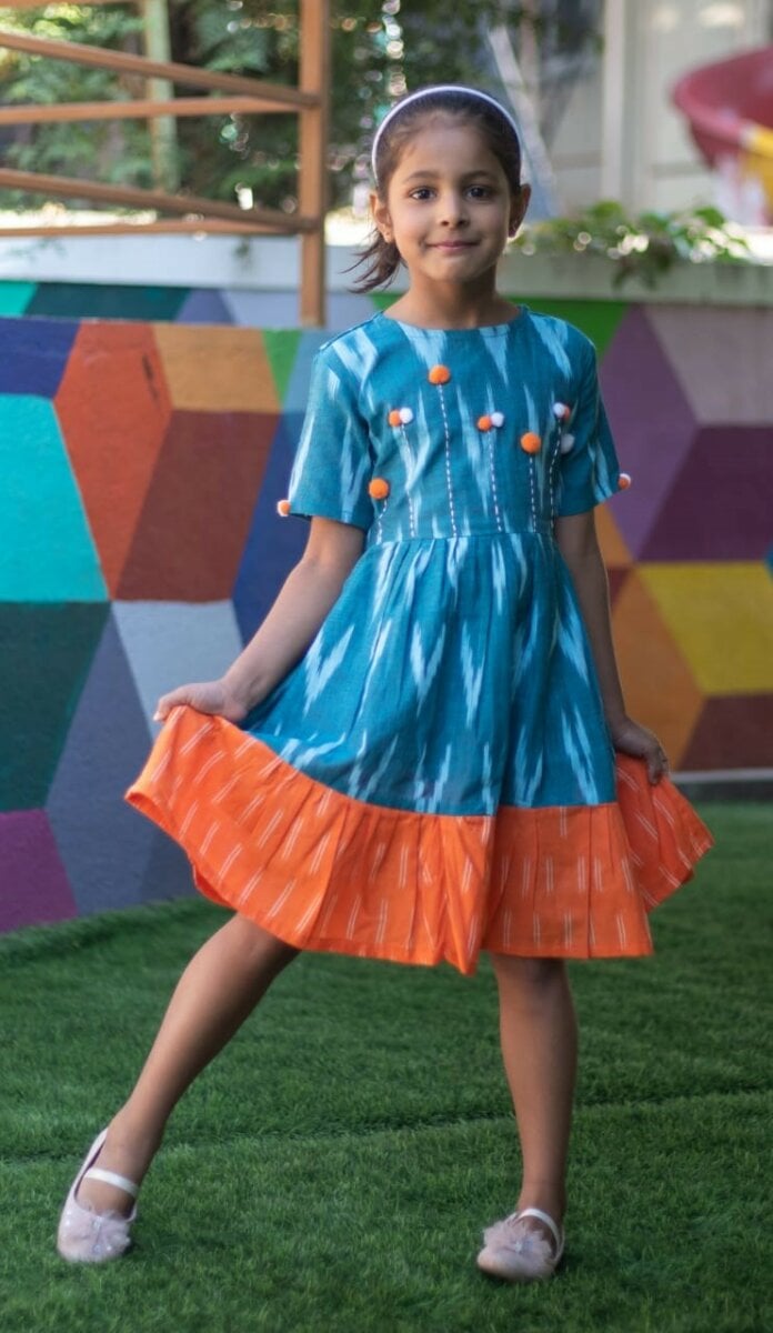 Little Indian Soft Cotton Round Neck Half sleeve Green Ikat Frock For Girls  | GFR117