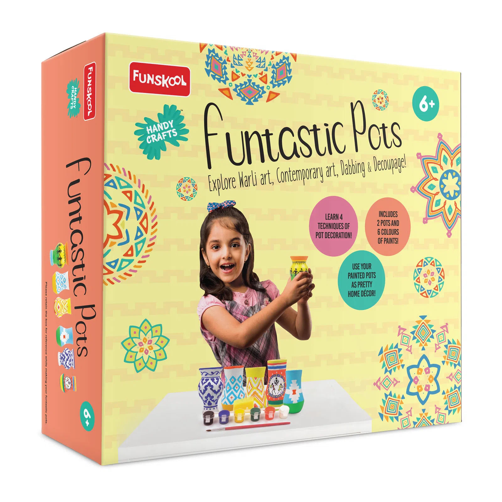 Funskool Handy Crafts Fantastic Pots Decorate Using Warli Art | Contemporary Art, Dabbing Technique and Decoupage, DIY Kit Fr Kids | 6+Months