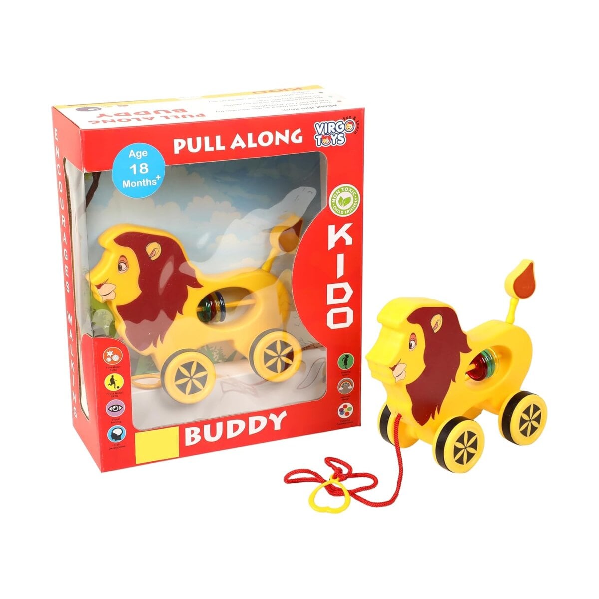 Virgo Pull Along Buddy Lion wooden pull toy for toddlers, Virgo Pull Along Buddy Lion walking toy for kids, Virgo Pull Along Buddy Lion safe wooden toy, Virgo Pull Along Buddy Lion toddler pull along toy
