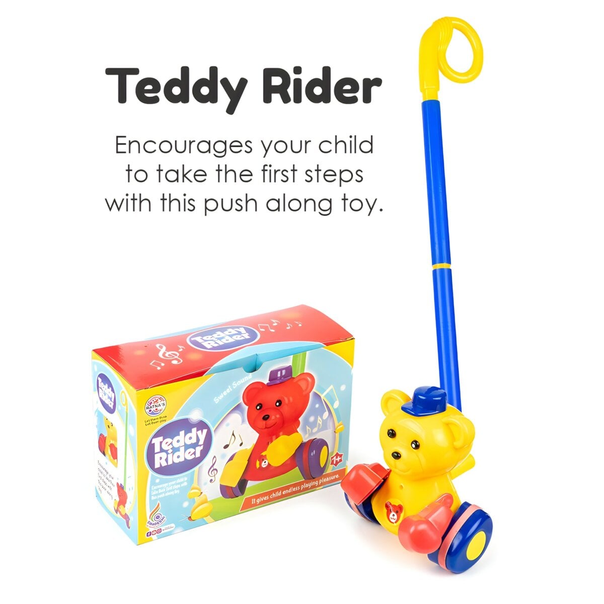 Ratna's Teddy Ridder Push Along Toy for toddlers, Ratna's Teddy Ridder Push Along Toy walking toy, Ratna's Teddy Ridder Push Along Toy push toy for kids, Ratna's Teddy Ridder Push Along Toy toddler activity toy
