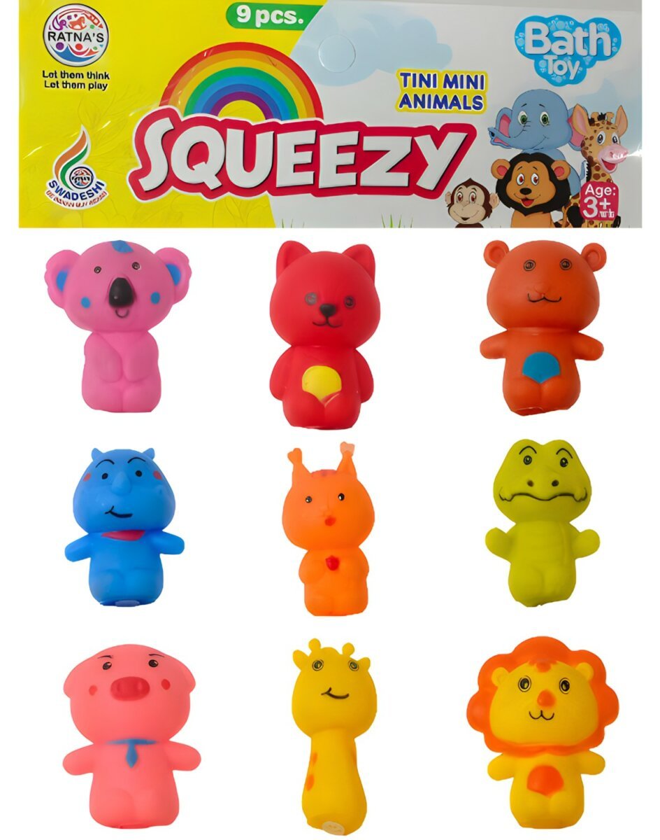 Ratna's Tini Mini Animals Squeezy 9 Pcs Set | Soft, Safe, and Fun Sensory Toys for Kids | 3+ Months