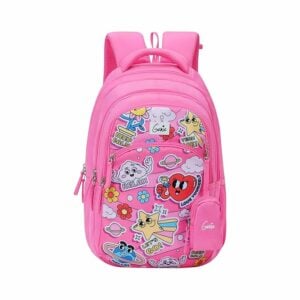 Genie Pearl Pink Casual Backpack for girls, 17 inch girls backpack with compartments, water-resistant girls backpack, kids backpack with happy pouch, pink backpack for kids, 17 inch backpack for girls