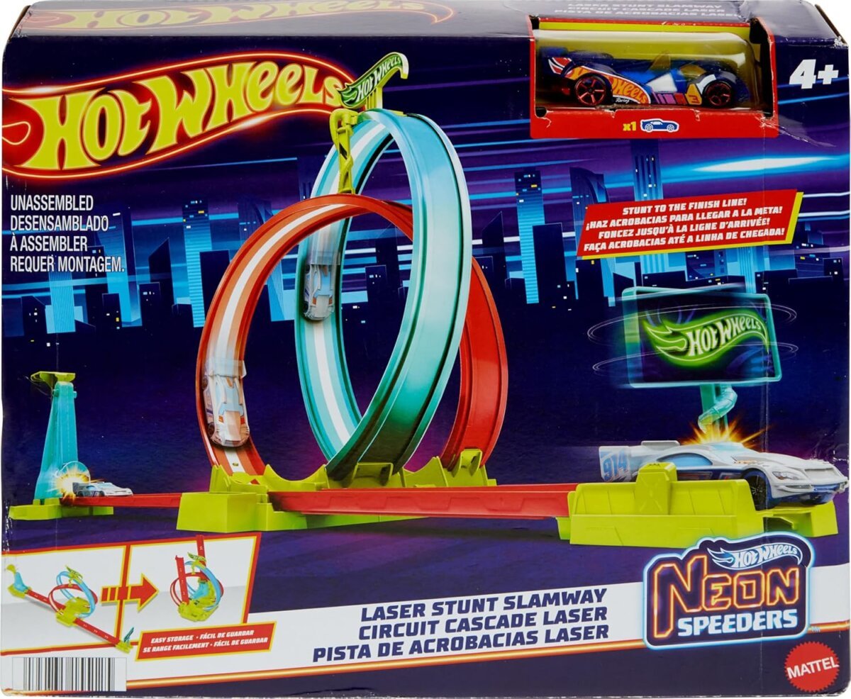 Mattel Hot Neon Speeders Track Set | Laser Stunt Slamway with 1 Hot Wheels Car, Tri-Colored Track, Connects to Other Sets, Easy Storage For Kids | 4+ Years.