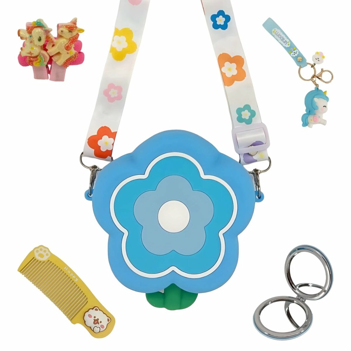 Silicone Flower Sling Mini Bag For Kids with Key Ring, Comb and Mirror | Stylish and Functional Accessory for Girls | 3+ Years – Amazing Cute Carry Bag