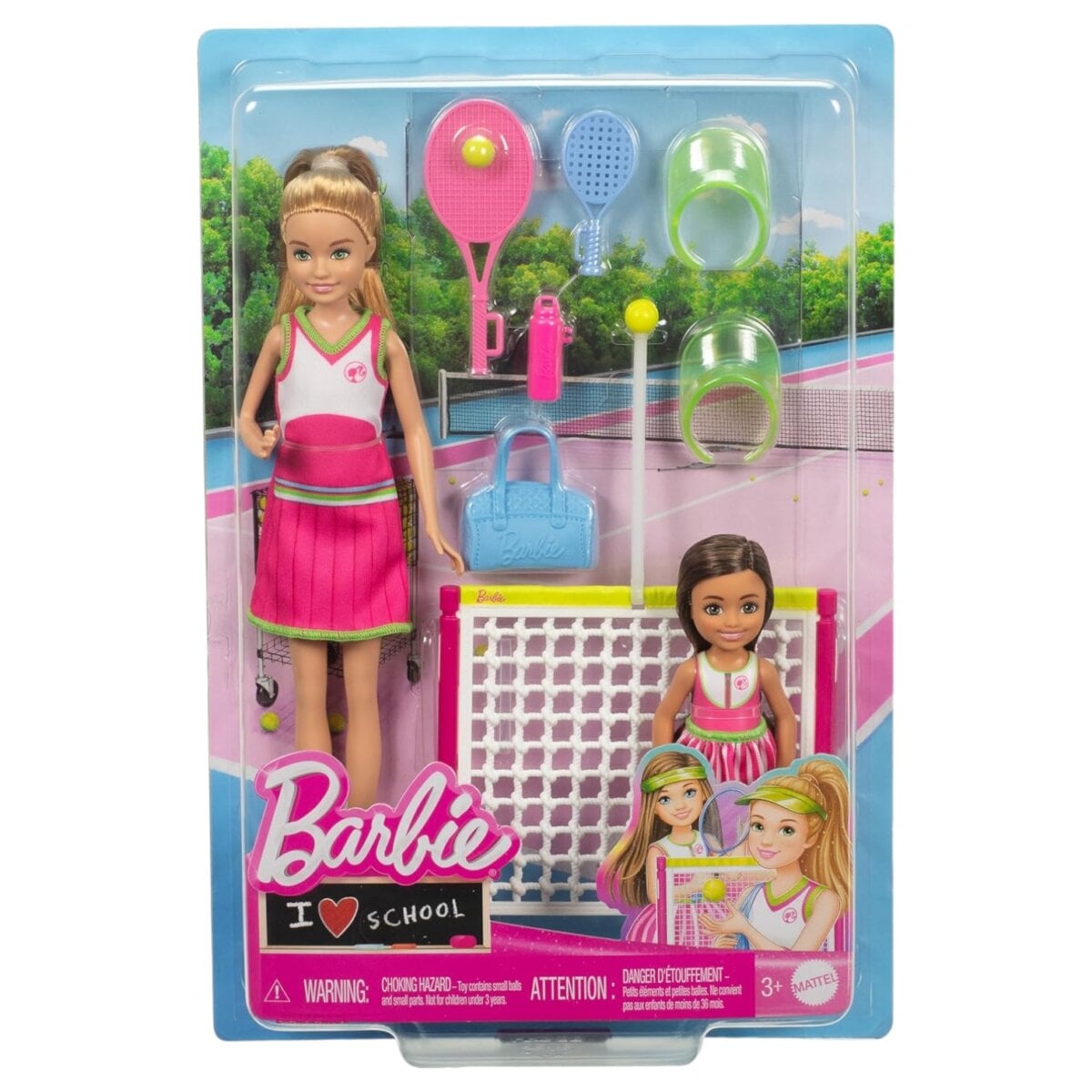 Barbie Stacie and Chelsea Tennis Playset, Barbie tennis dolls for kids, Barbie tennis playset with net and accessories, Barbie dolls swinging ball tennis set
