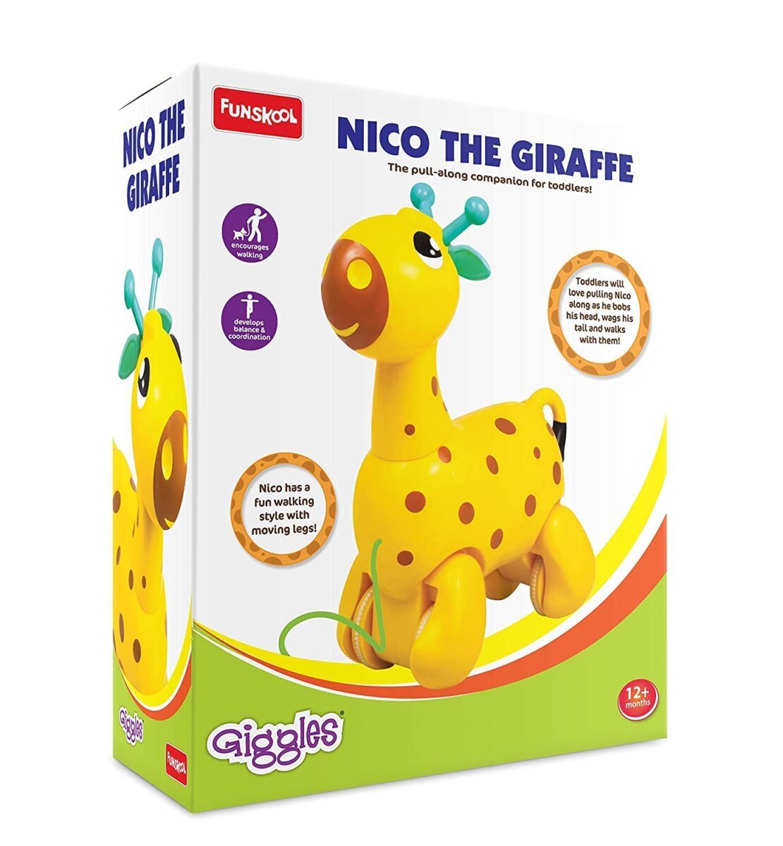 Funskool Giggles Nico The Giraffe Pull Along Toy For Kids | Toddlers for Walking Improve Balance Multicolor | 18+Months