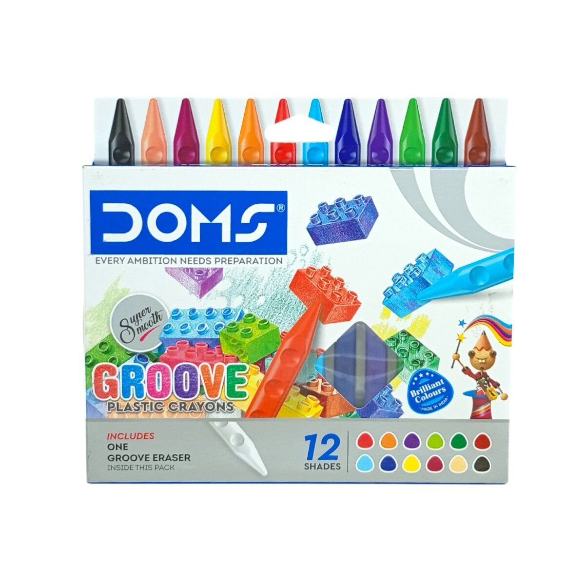 DOMS 12 Shades Super Smooth Groove Plastic Crayon | Non-Toxic  Colours With One Groove Eraser| 5+Year