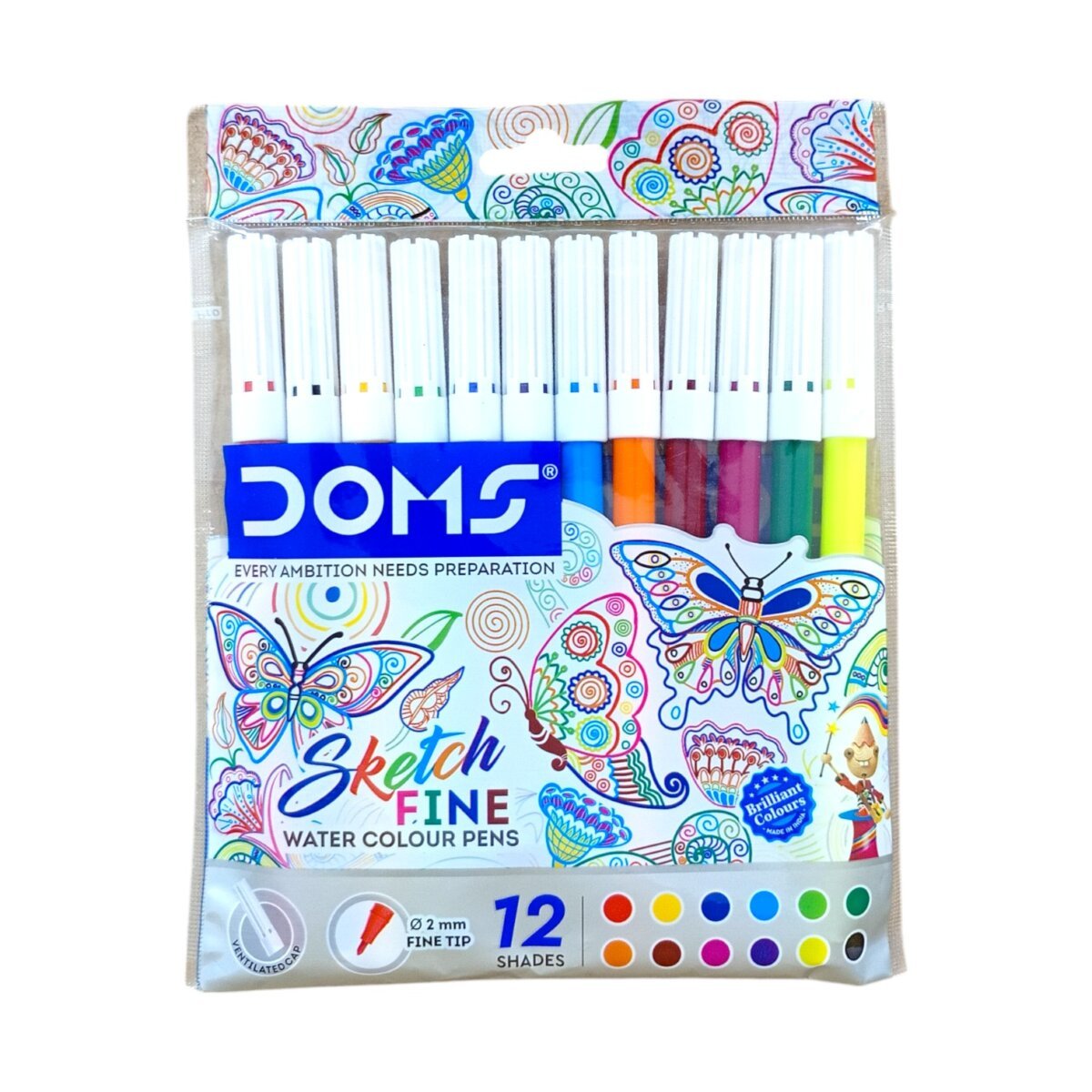 DOMS 12 Shades Water Color Sketch Pens | 2mm Unique Push Resistant Tip With Bright and Intense Colors.
