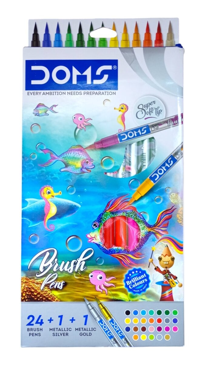 DOMS Non-Toxic Multicolor 24 + 1 Metallic Silver, 1 Metallic Gold Shades Brush Pens Set | Super Soft Fine Tip Brush Pens, Water Based Ink |5+