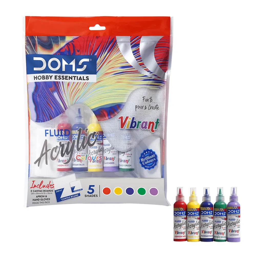 DOMS 5 Shades Essentials Fluid 'Vibrant' Acrylic Colours With Canvas Boards |5+Year