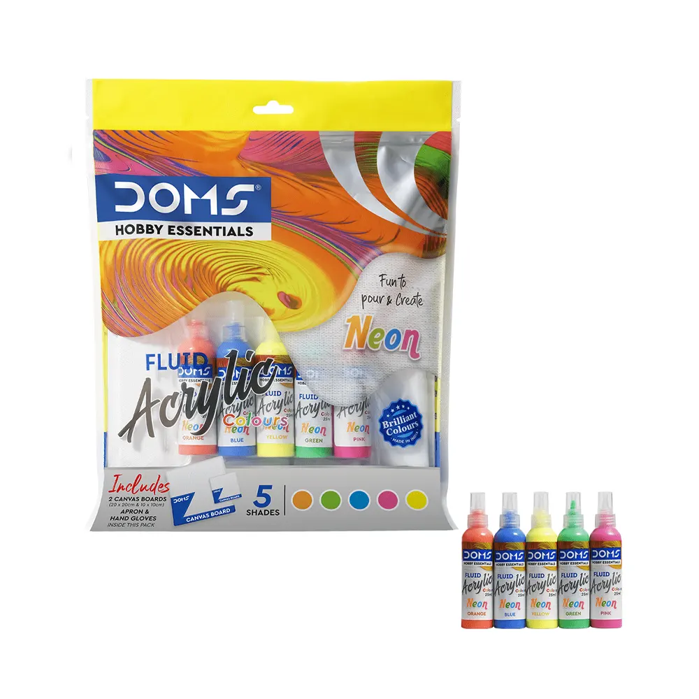 DOMS 5 Shades Essentials Fluid 'Neon' Acrylic Colours With Canvas Boards |5+Year
