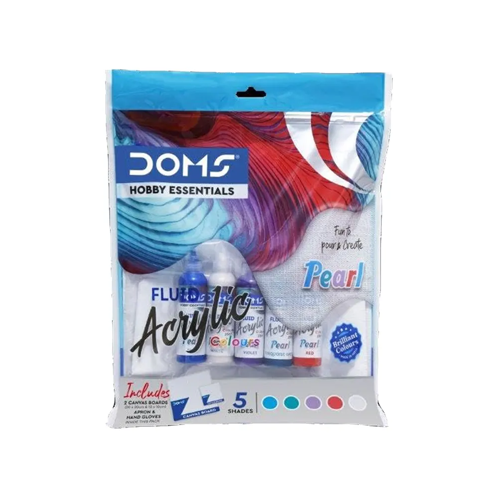 DOMS 5 Shades 'Pearl' Fluid Acrylic Colour With Canvas Board | Premium Shimmery Paint Set for Kids and Artists | Creative Art Kit | 5+ Years.