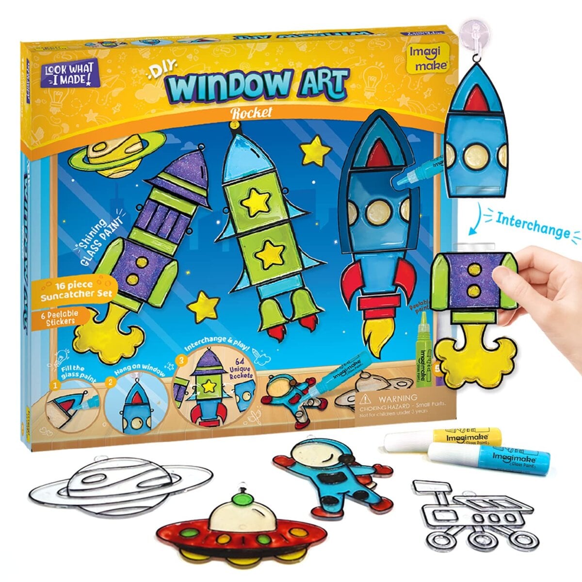 Imagimake Window Art - Rocket | 16 Pieces Glass Painting Set | Astronaut, Rover, Space Designs Craft Kit for Kids | 5+ Years.