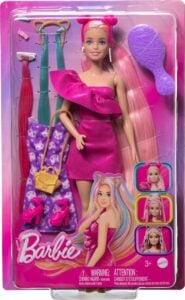 Mattel Barbie Fun And Fancy Hair Doll – Extra-Long Colorful Blonde Hair with Glossy Pink Dress for Creative Styling Play for Kids 3+ Years