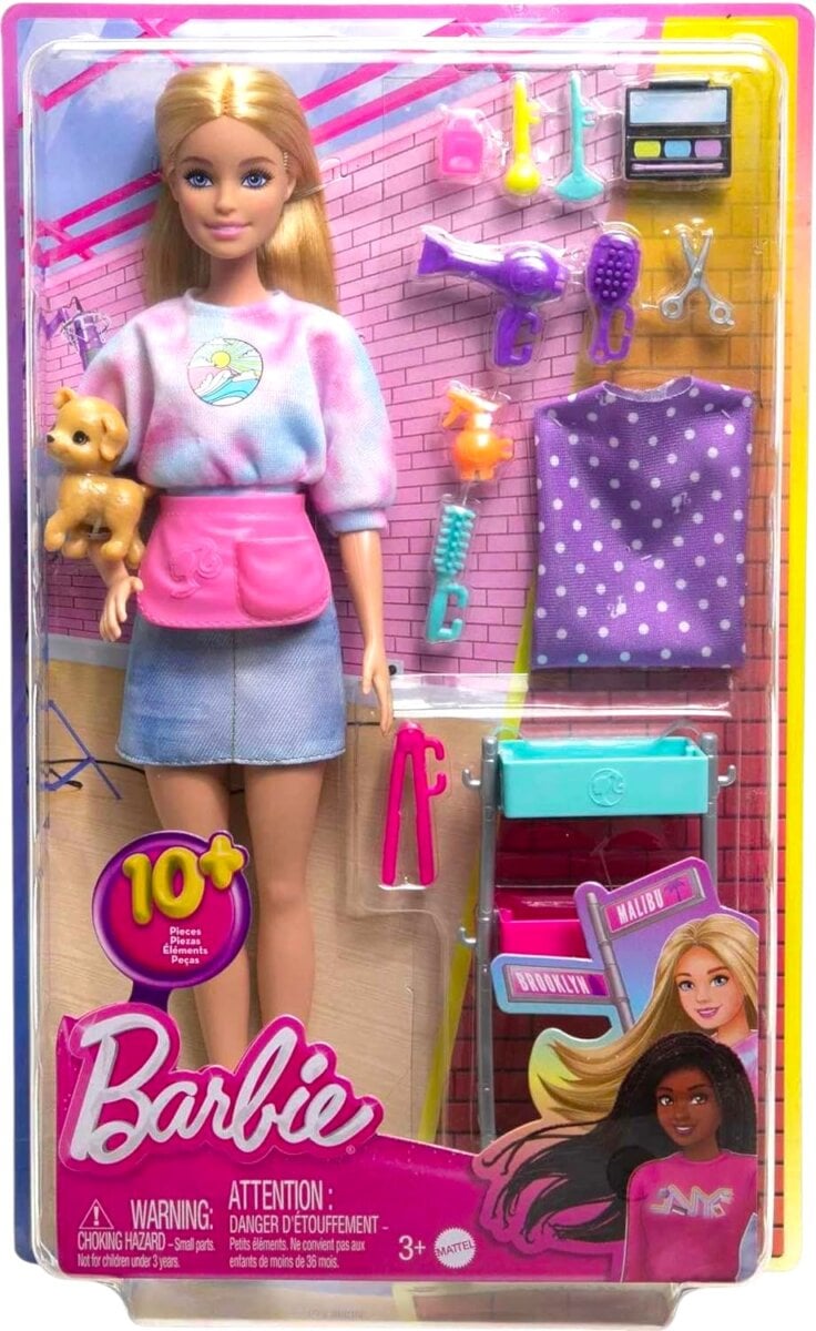 Mattel Barbie Malibu Stylist Doll and 14 Accessories Playset | Hair and Makeup Theme with Puppy and Styling Cart.