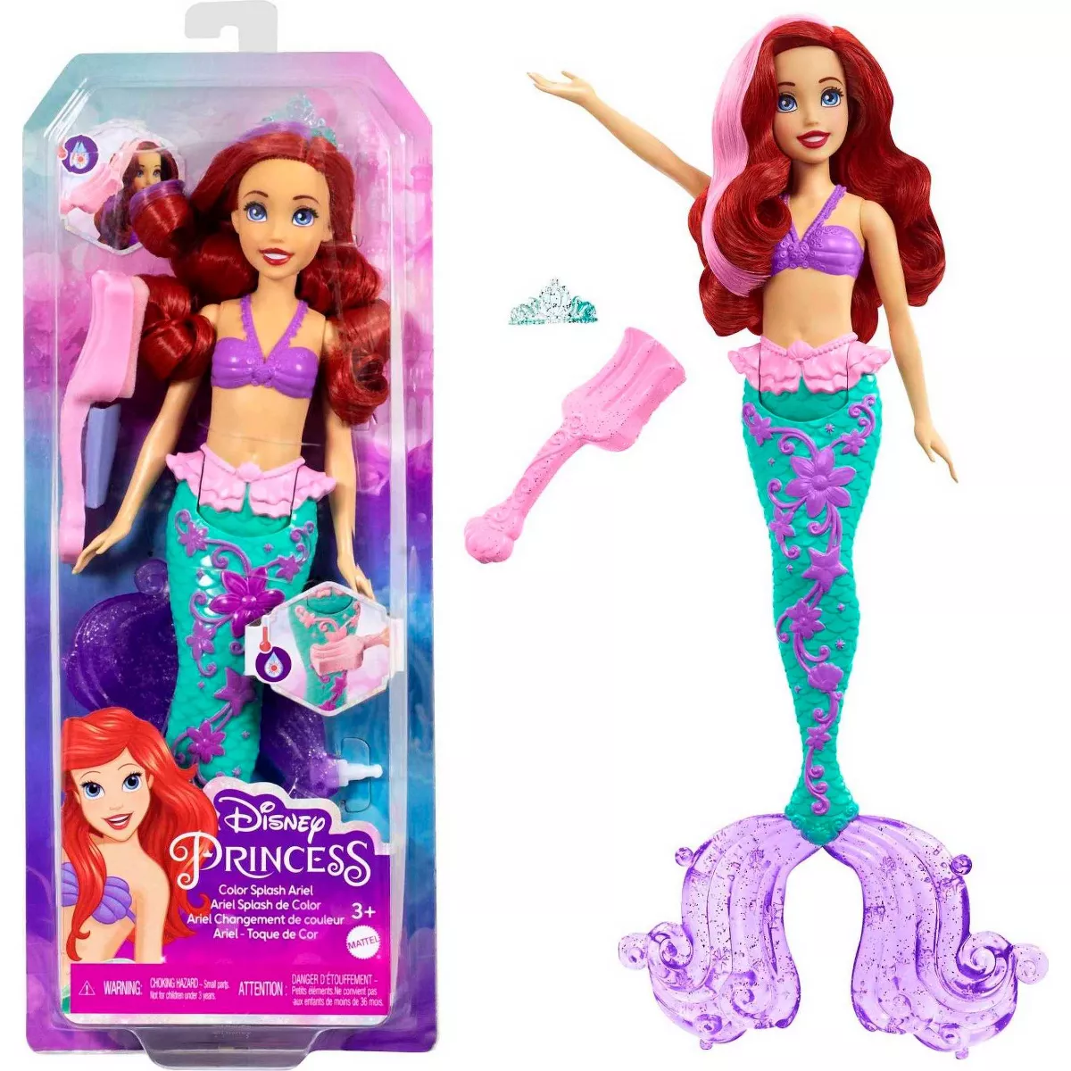 Mattel Disney Princess Color Splash Ariel Doll Set | Vibrant Water Play and Dress-Up Fun for Kids | 3+ Years