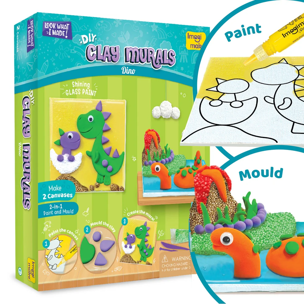 Imagimake Clay Murals - Dino - Modelling Clay and Glass Paint | 5 Designs - Art and Craft Kit For Kids | 5+Year