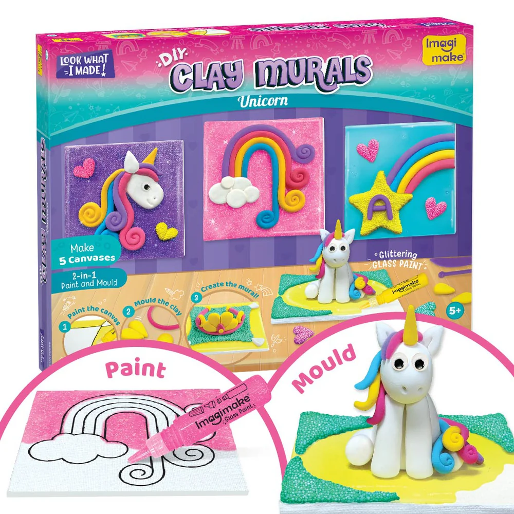 Imagimake Clay Murals - Unicorn - Modelling Clay and Glass Paint | 5 Designs - Art and Craft Kit For Kids. |