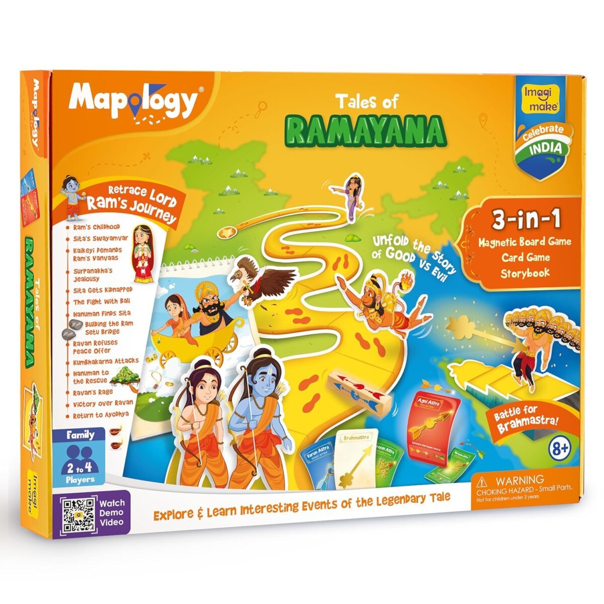 Imagimake Mapology Tales of Ramayana | 3-in-1 Fun Family Board Game | Magnetic Path Puzzle | Ramayana Storybook | Trump Cards| Gifts for Kids.| 8+Year