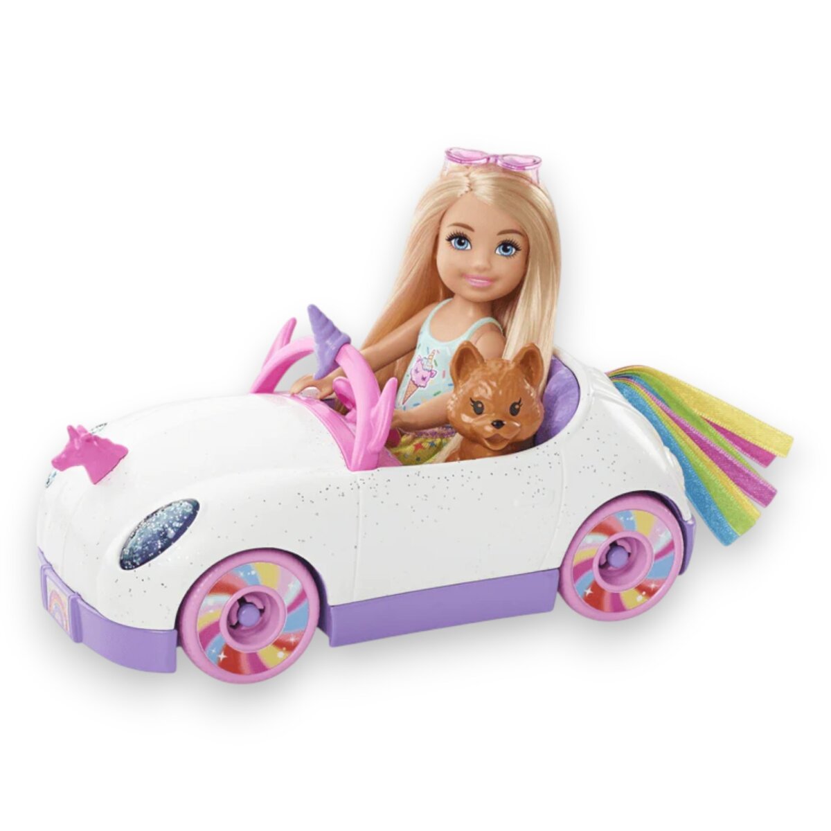 Mattel Barbie Club Chelsea Doll with Open-Top Rainbow Unicorn-Themed Car | Whimsical Adventures and Imaginative Play for Kids | 3+ Years