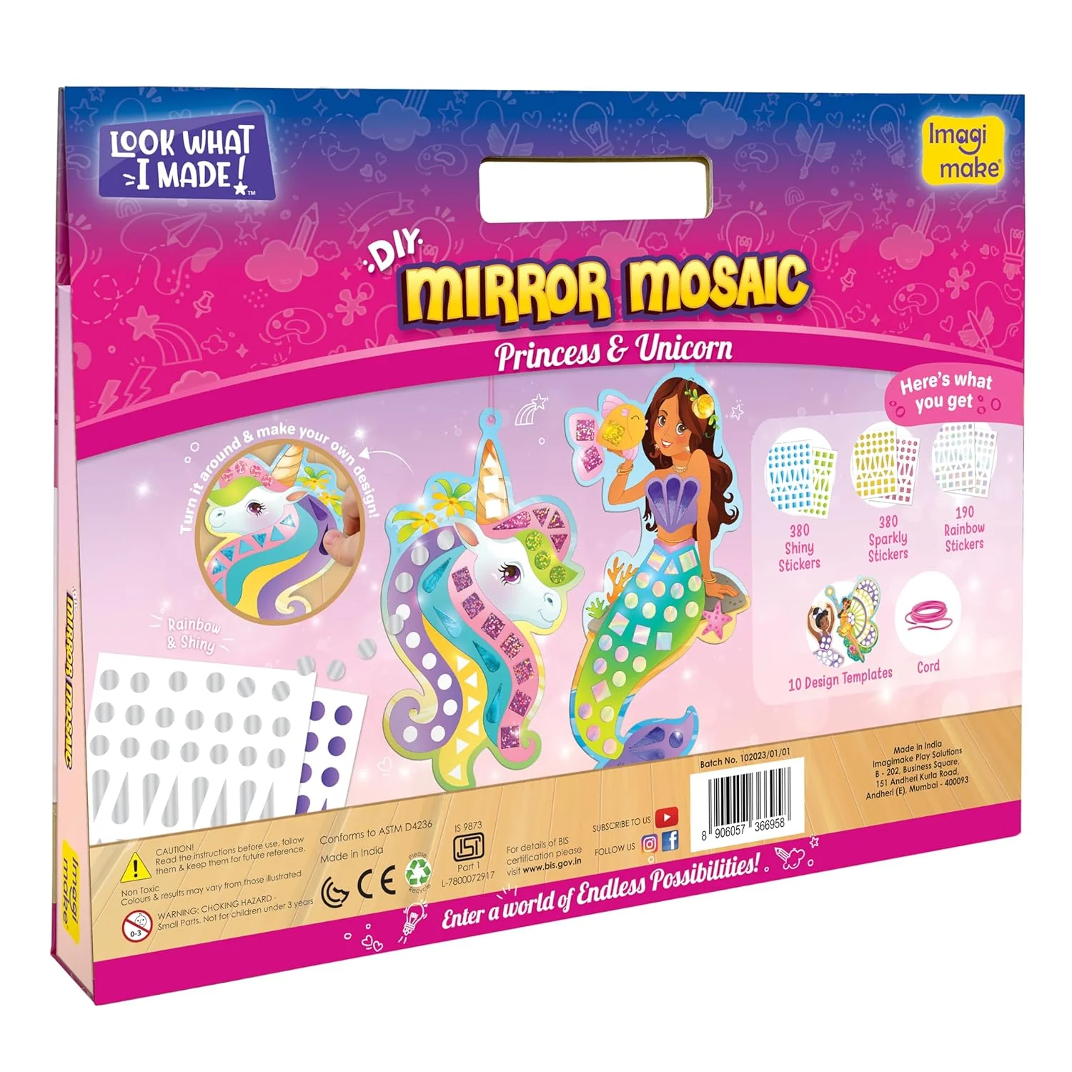 Imagimake Mirror Mosaic : Princess And Unicorn | Mess Free Diy Mosaic Craft Kit | 950+ Foil Sticker | Travel Toys For Kids | 3 Years+