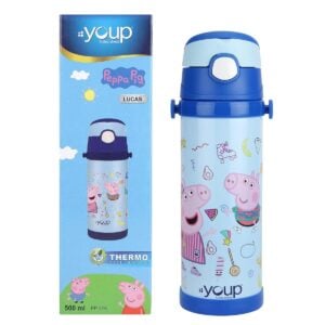 YOUP Stainless Steel Blue Color Peppa Pig | Insulated Double Wall Sipper Bottle Lucas - 500 ML For Kids | Fun Leakproof Water Bottle for 3+ Years