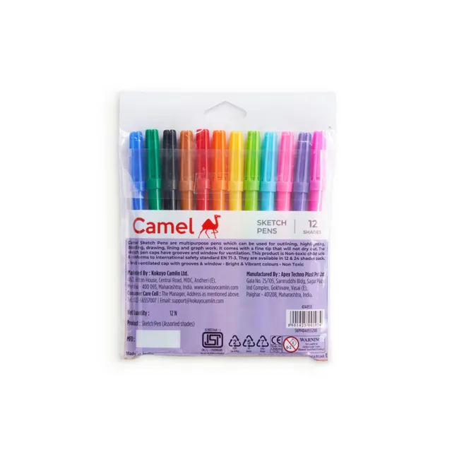 Camel Sketch Pens Bright And Vibrant | 12 Multicolour Shades for Kids | 3 + Years