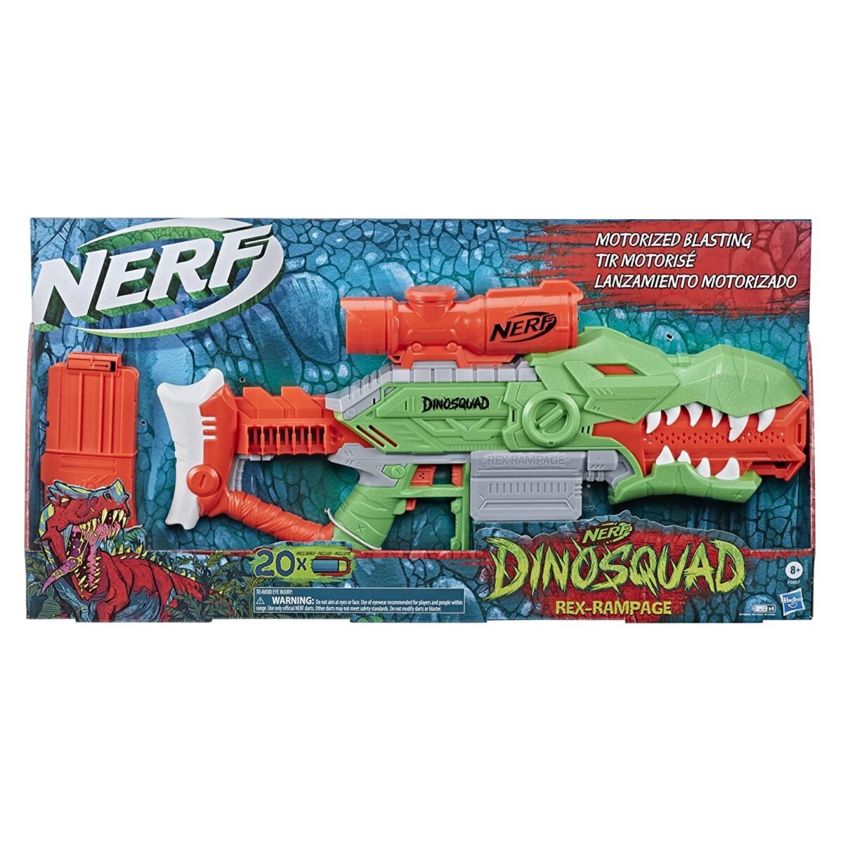 Hasbro Nerf Dino Squad Rex-Rampage Motorized Dart Blaster | 10-Dart Clip, 20 Official Nerf Darts, 10-Dart Storage For Kids | 8+ Years.