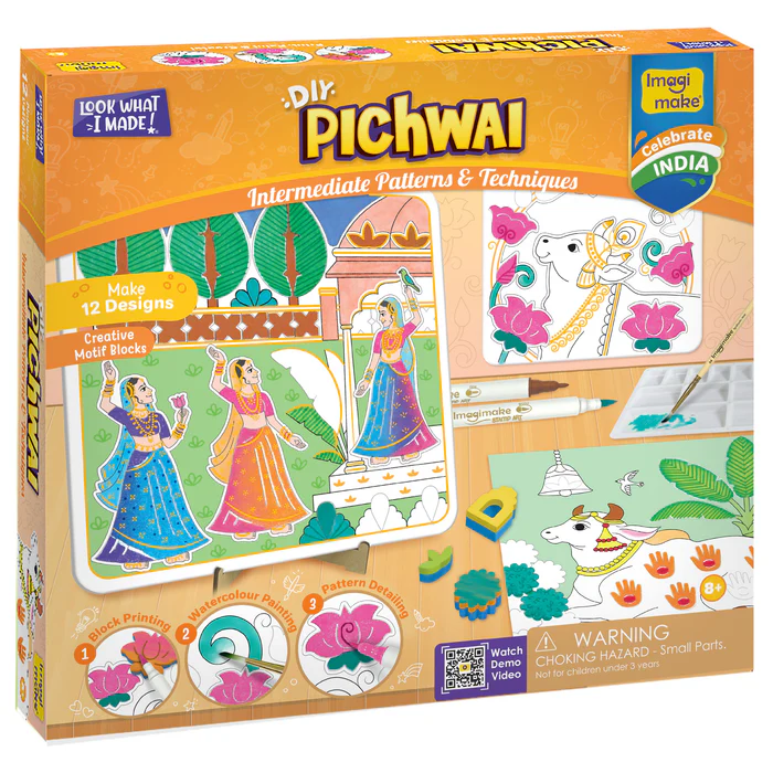Imagimake DIY Pichwai Design And Pattern kit For Kids | Make12 Paintings Pichwai Painting And Colouring Kit Using Water Brush Pen And Stamps Art And Craft Kit | 8+Years