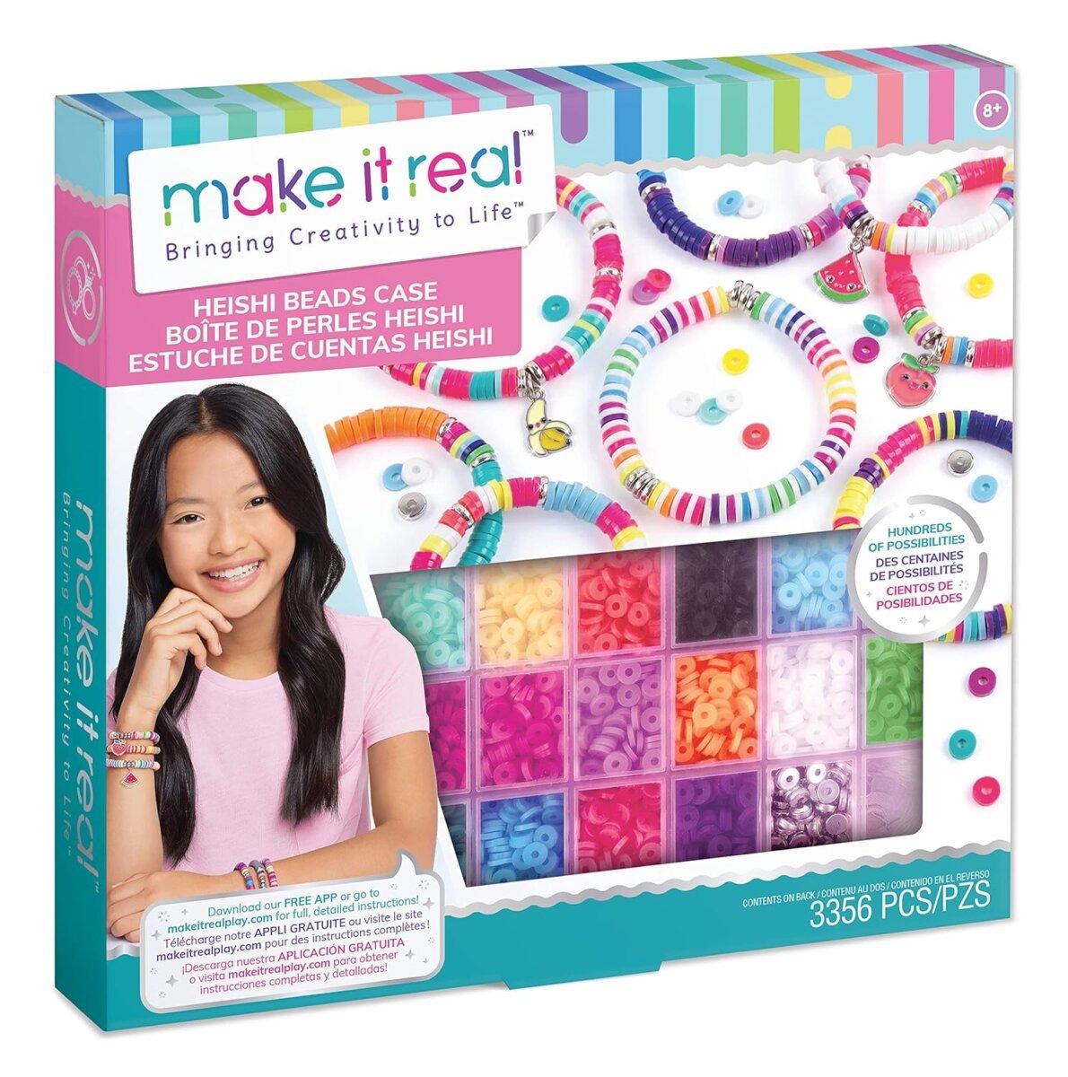 Make It Real Heishi Bead Kit | Create 100+ Unique Charm Bracelets | 3200 heishi beads,150 silver beads, 3 charms, 1 elastic cord | DIY Playful Charm and Jewelry Kit For Kids | 8+ Years