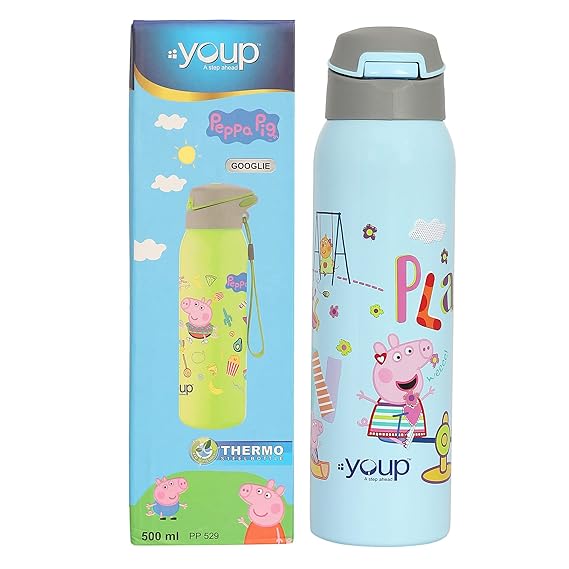 Youp Stainless Steel Googlie Peppa Pig Theme Kids | Insulated Double Wall Sipper Bottle For Kids | 3+Years