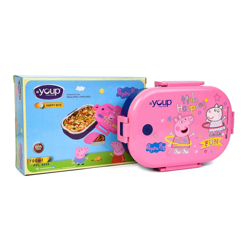 Youp 750ML Presents Peppa Pig Theme Kids Lunch Box | Happy Bite, Stainless Steel Insulated Lunch Box For Kids | 3+Years