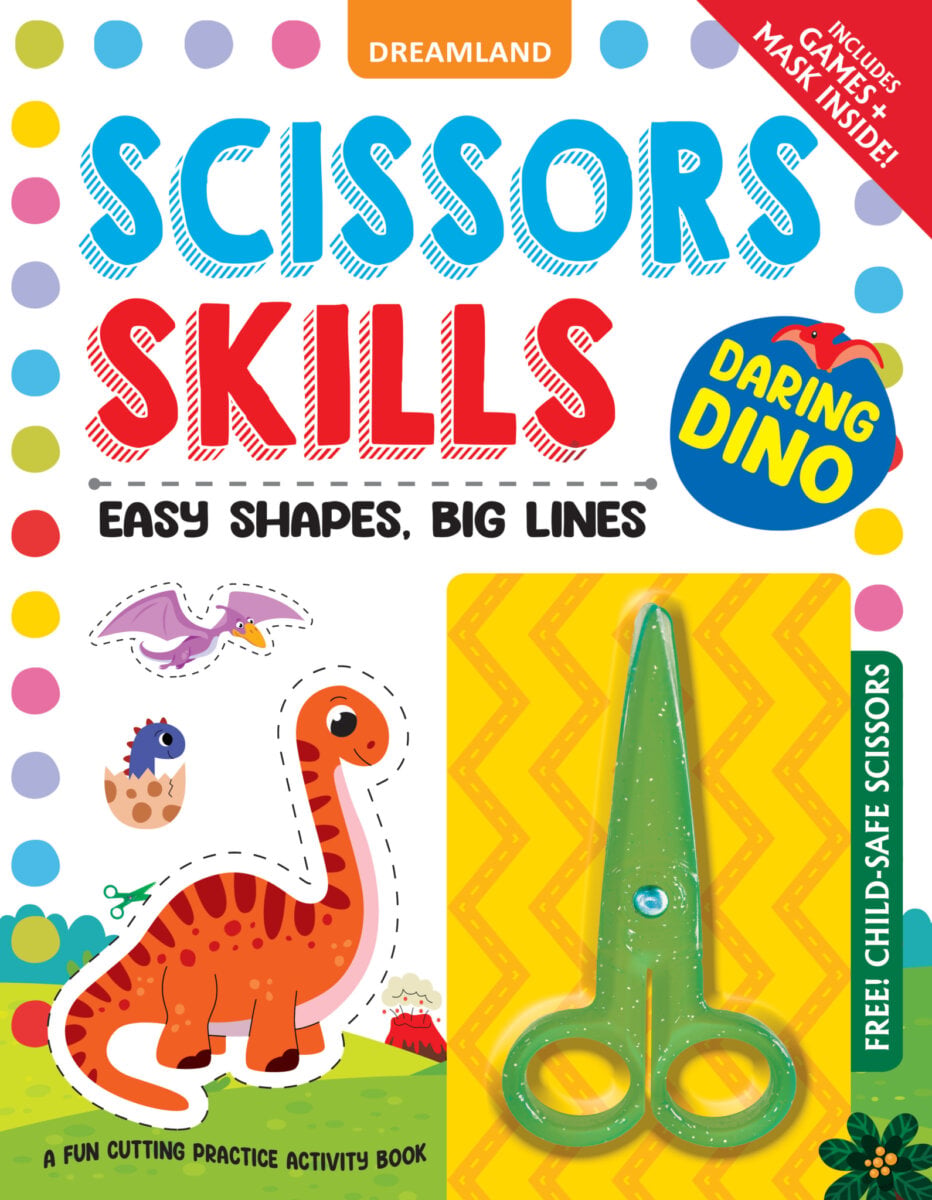 Dreamland Daring Dino Scissors Skills Activity Book for Kids | With Child- Safe Scissors, Games and Mask | 4+ Years.