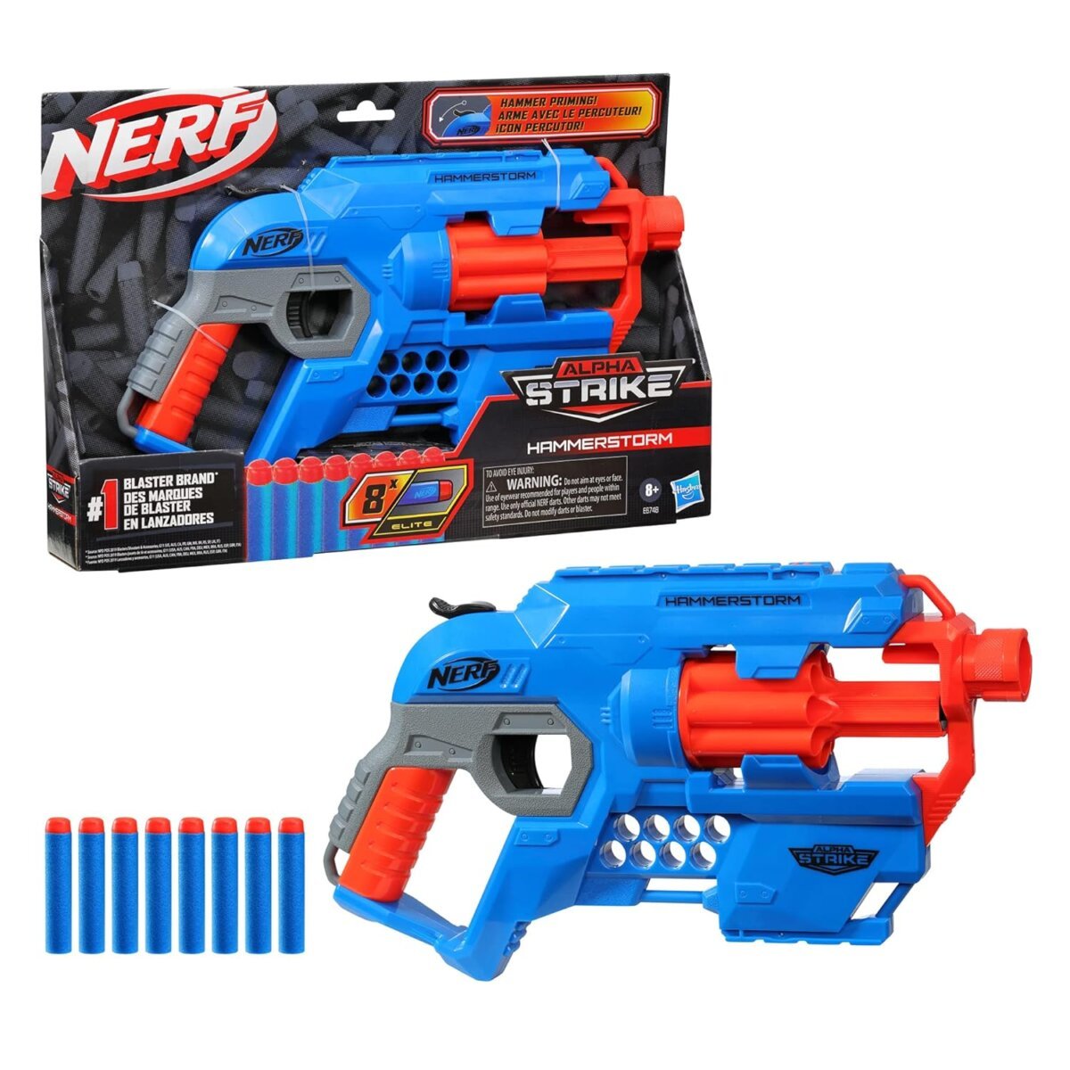 Nerf Alpha Strike Hammerstorm Blaster | Hammer-Priming Action, Rotating 8-Dart Drum, 8 Official Nerf Elite Darts For Kids  | 8 Years