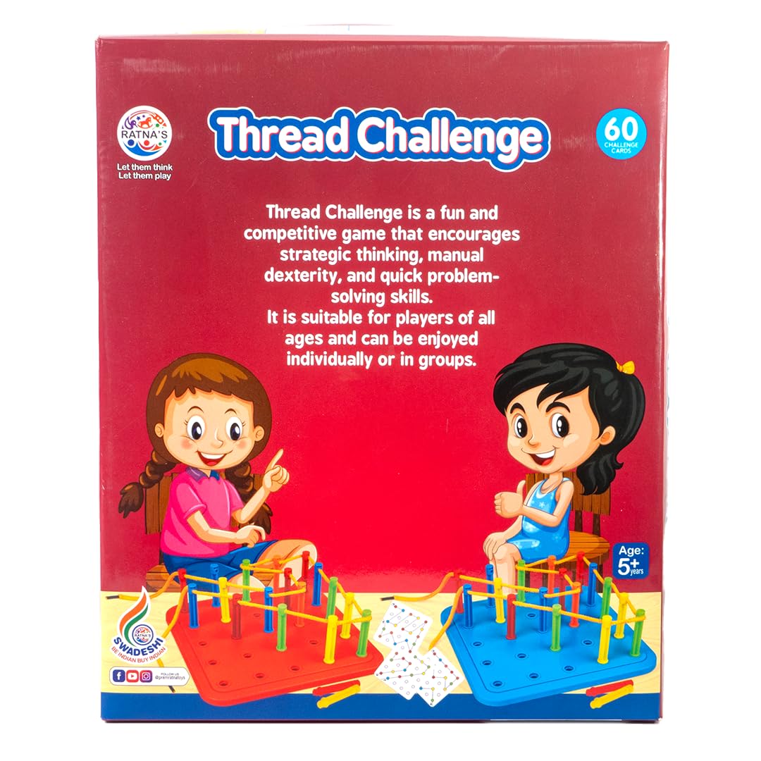 RATNA'S Thread Challenge with 60 Challenge Cards | 2 Players Board Game for Kids and Adults | 5+ Years.