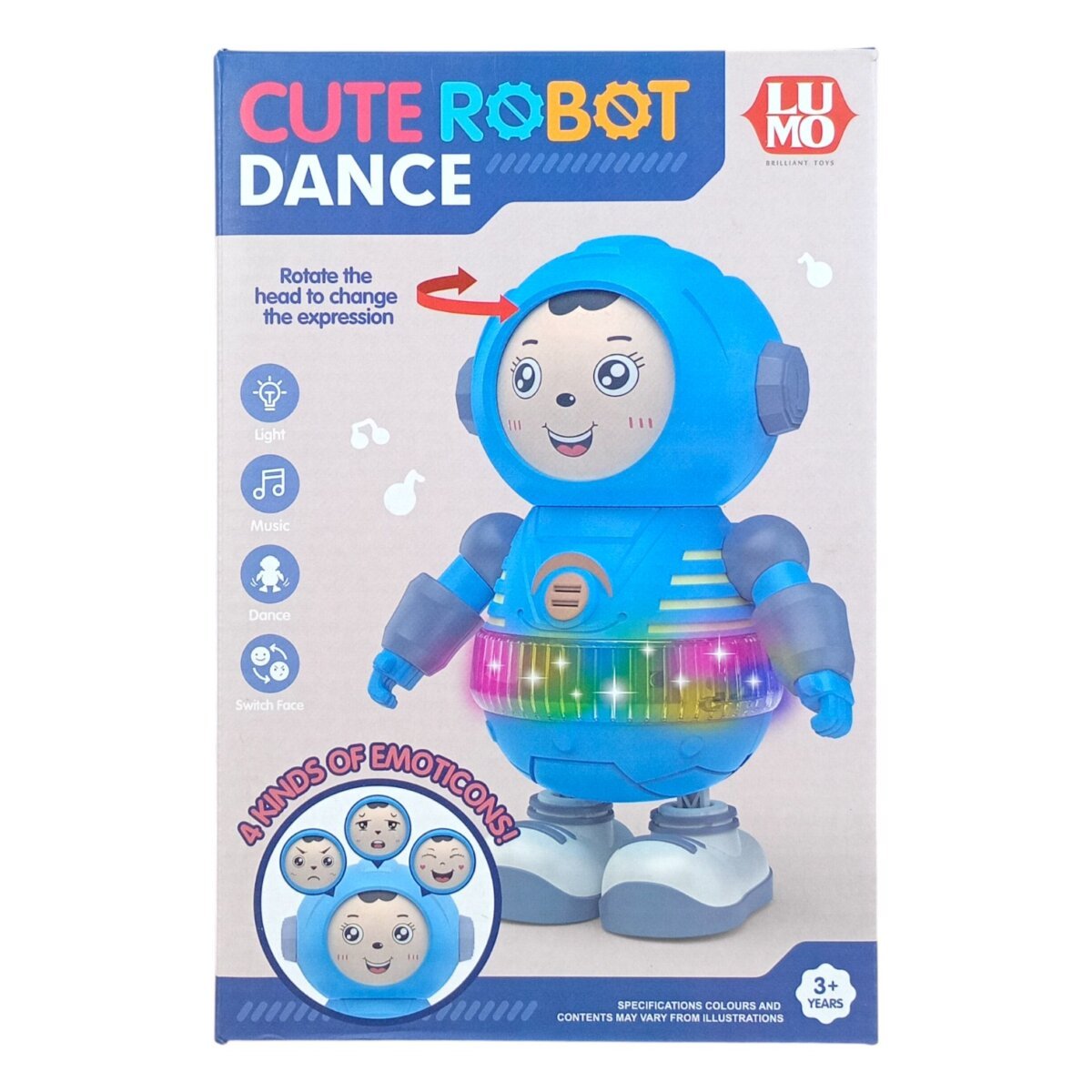 Luminoso Cute Robot Dance with Light, Music, and Switchable Emoticon Faces | Fun, Interactive, and Engaging Toy for Kids | 3+ Years