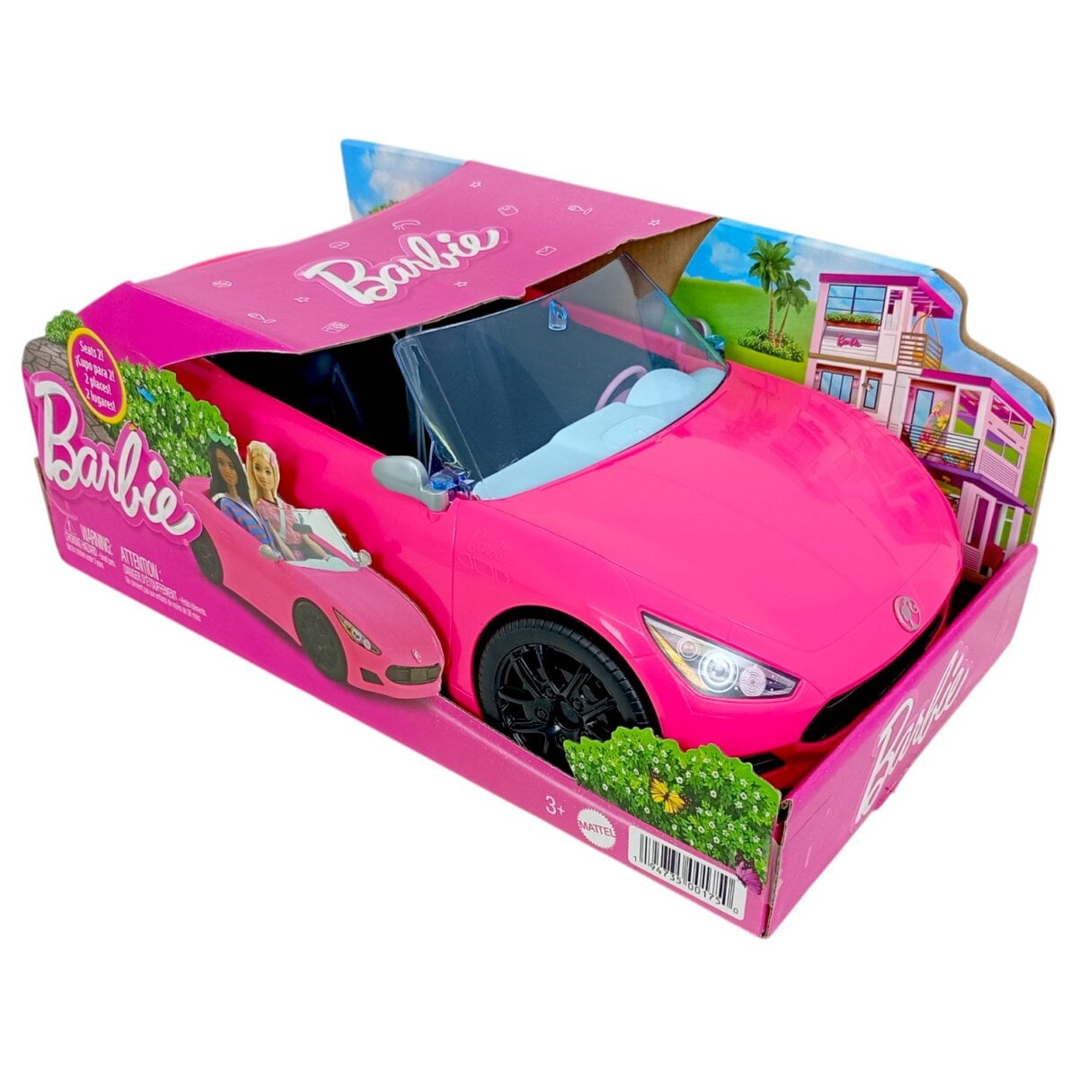 Barbie Toy Car convertible for dolls, Barbie Toy Car 2-seater vehicle, Barbie Toy Car bright pink play car, Barbie Toy Car rolling wheels