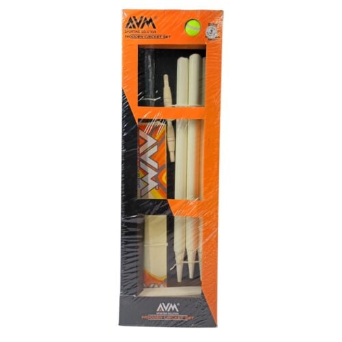 AVM Sporting Solution Wooden Cricket Set Size-3 | Complete Training Kit with Durable Bat, Stumps And Ball for Kids | 8+ Years
