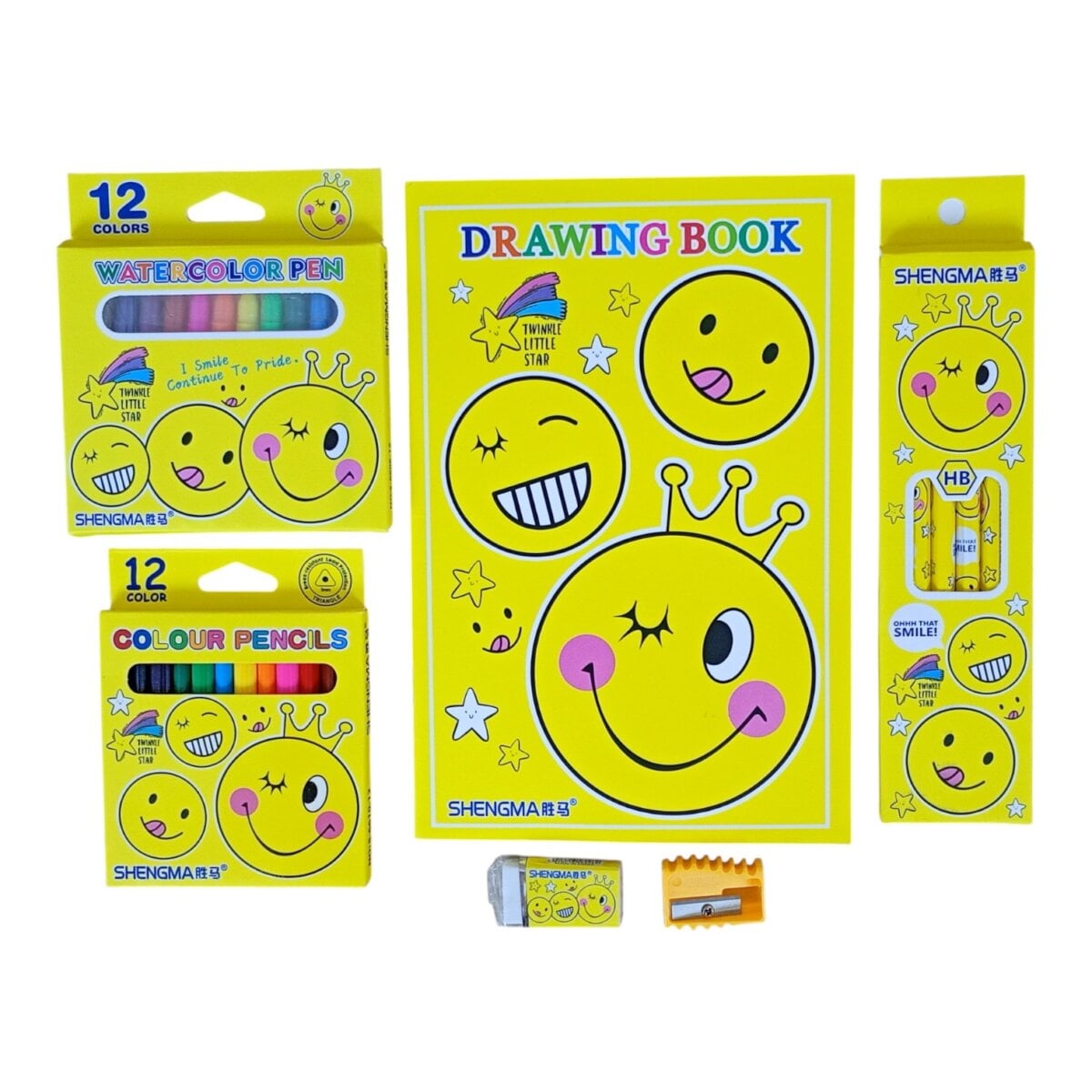 Shengma Smiley Theme Stationery Kit fun creative stationery set for kids, Shengma Smiley Theme Stationery Kit color pencils and sketch pens for children, Shengma Smiley Theme Stationery Kit pencils eraser sharpener set for kids, Shengma Smiley Theme Stationery Kit smiley stationery kit for kids
