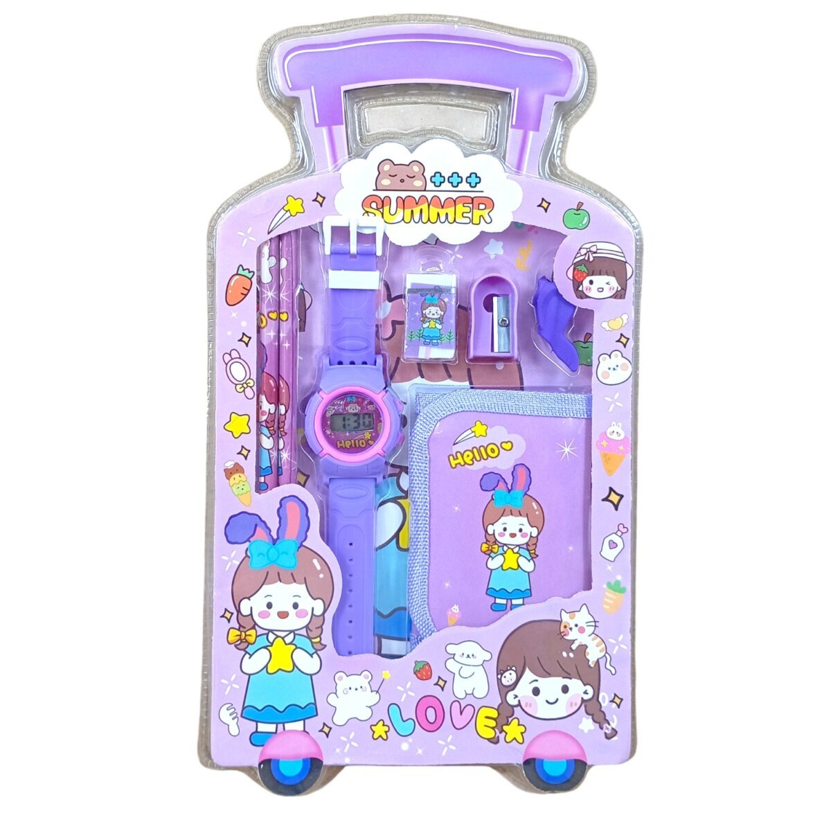 Summer Love Ultimate School and Travel Stationery and Watch Gift Set | All-in-One Creative and Functional Kit for Kids | Includes Pens, Pencils, Eraser, Sharpener, and Stylish Watch | 5+ Years