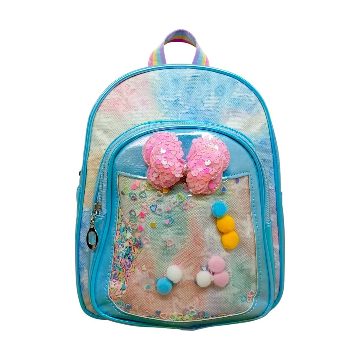 Holographic Sequin Charm Backpack | Stylish Kids Backpack with Clear Front Pocket, Floating Sequins and Pink Bow | Trendy School and Travel Bag | 2+ Years