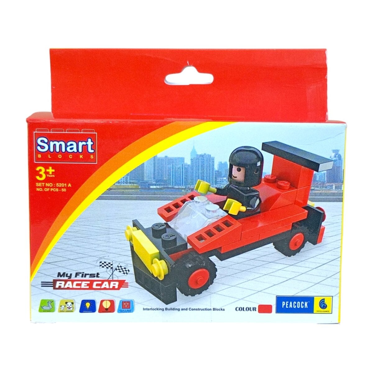 Peacock Smart Blocks My First Race Car Red Colour Block Set | Interlocking Construction Toy For Kids | 3+Years
