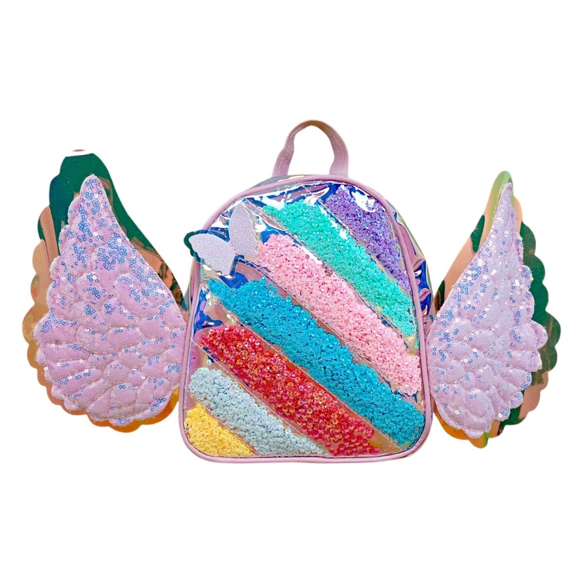 Rainbow Sequin Backpack with Holographic Butterfly Wings for girls, Rainbow Sequin Backpack sparkly kids school bag, Rainbow Sequin Backpack fashionable backpack for children, Rainbow Sequin Backpack butterfly wings bag for 3+ years